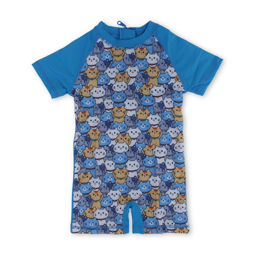 Baby Boys Sunsuit One-Piece – Turquoise with Cats Print - Clothing - I.Wear