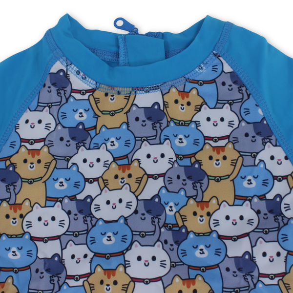 Baby Boys Sunsuit One-Piece – Turquoise with Cats Print