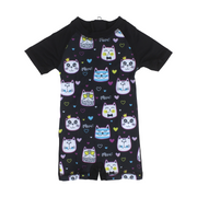Baby Boys Sunsuit One-Piece – Black with Cats Print