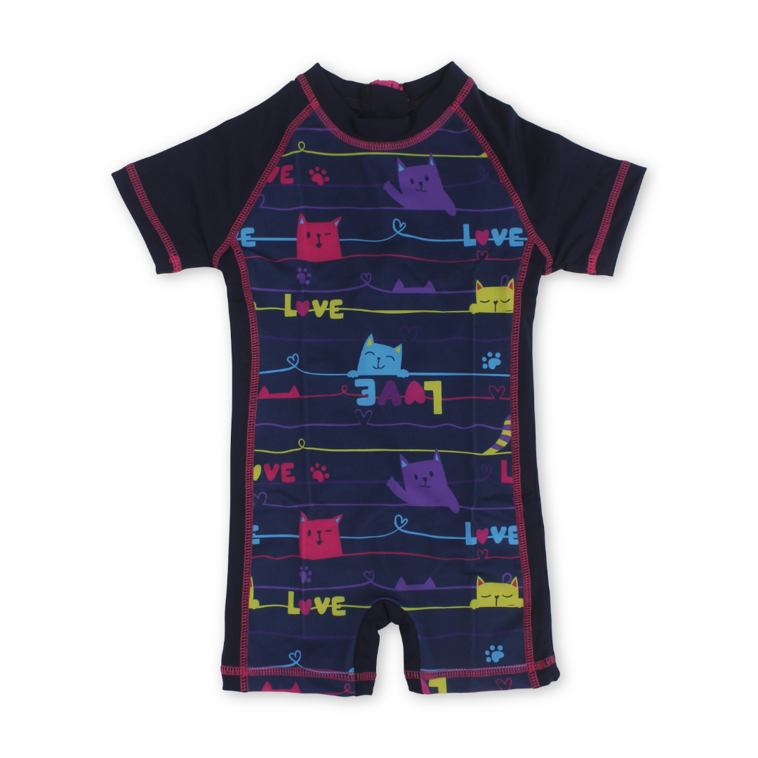 Baby Girls Sunsuit One-Piece – Navy with Love Cats Print - Clothing - I.Wear