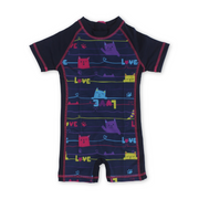 Baby Girls Sunsuit One-Piece – Navy with Love Cats Print