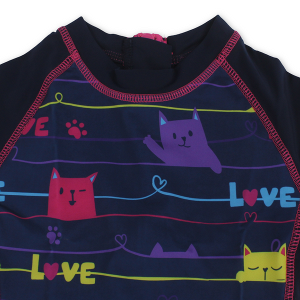 Baby Girls Sunsuit One-Piece – Navy with Love Cats Print