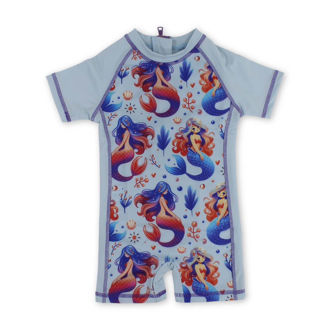 Baby Girls Sunsuit One-Piece – Aqua with Mermaid Print - Clothing - I.Wear