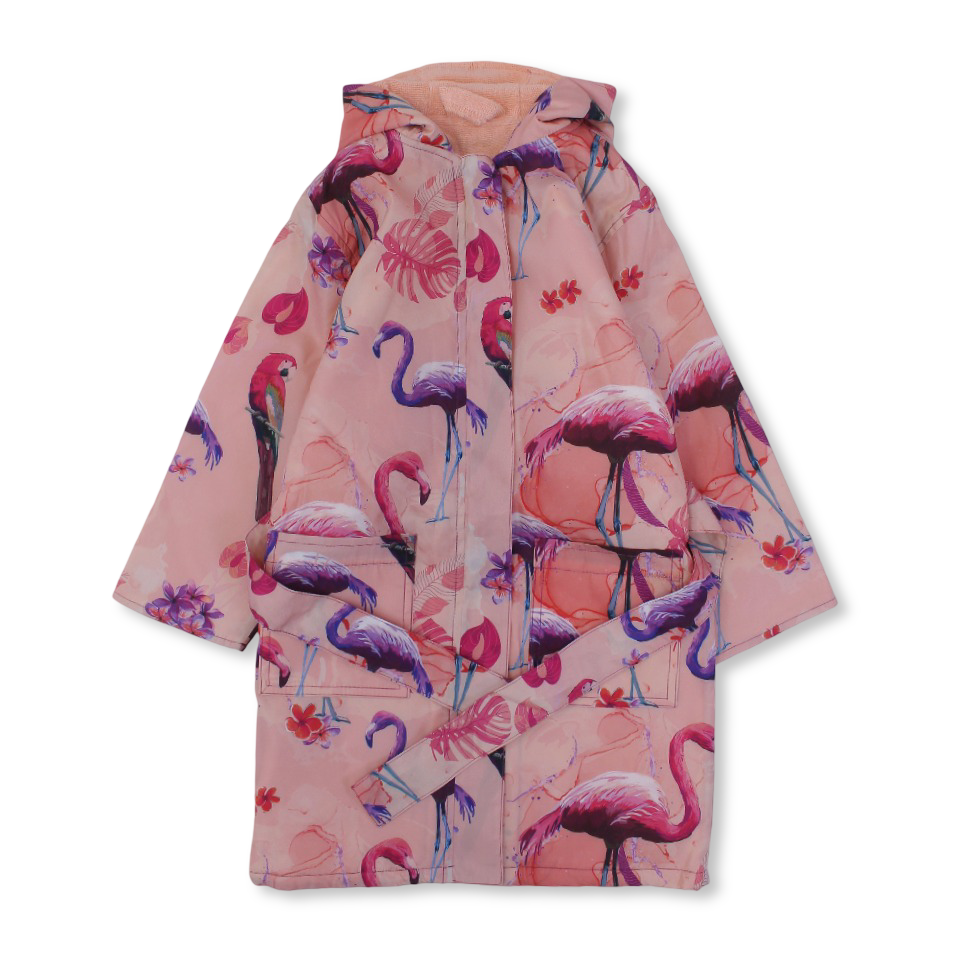 Girls Swim Robe Waterproof – Salmon with Flamingo Design