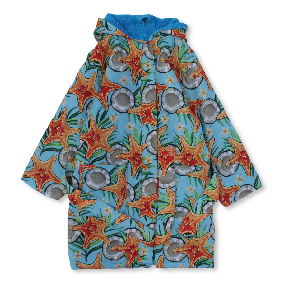 Unisex kids Swim Robe Waterproof – Aqua with Starfish Design