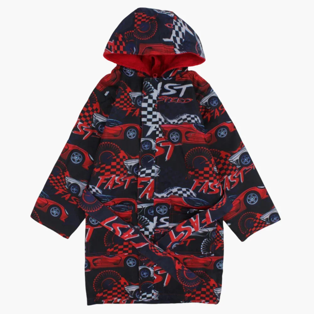 Boys Swim Robe – Black with Racing Cars Print