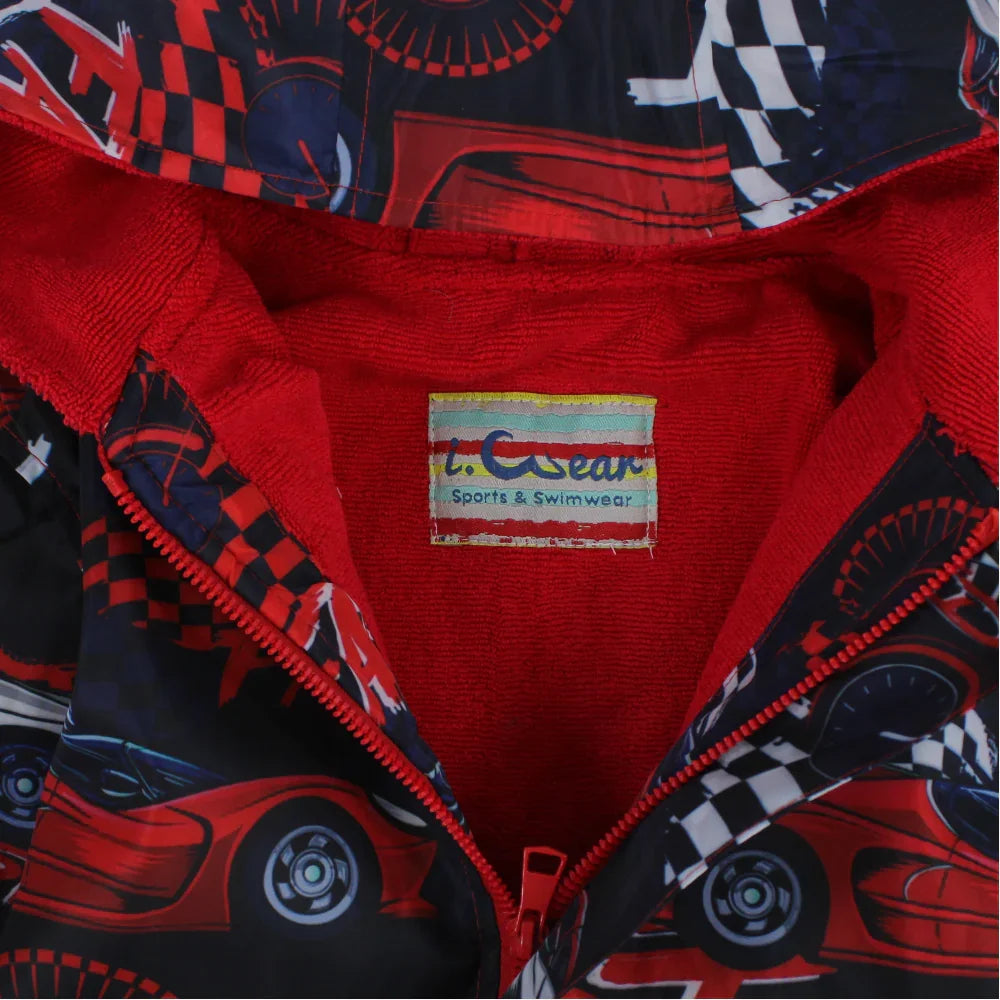 Boys Swim Robe – Black with Racing Cars Print