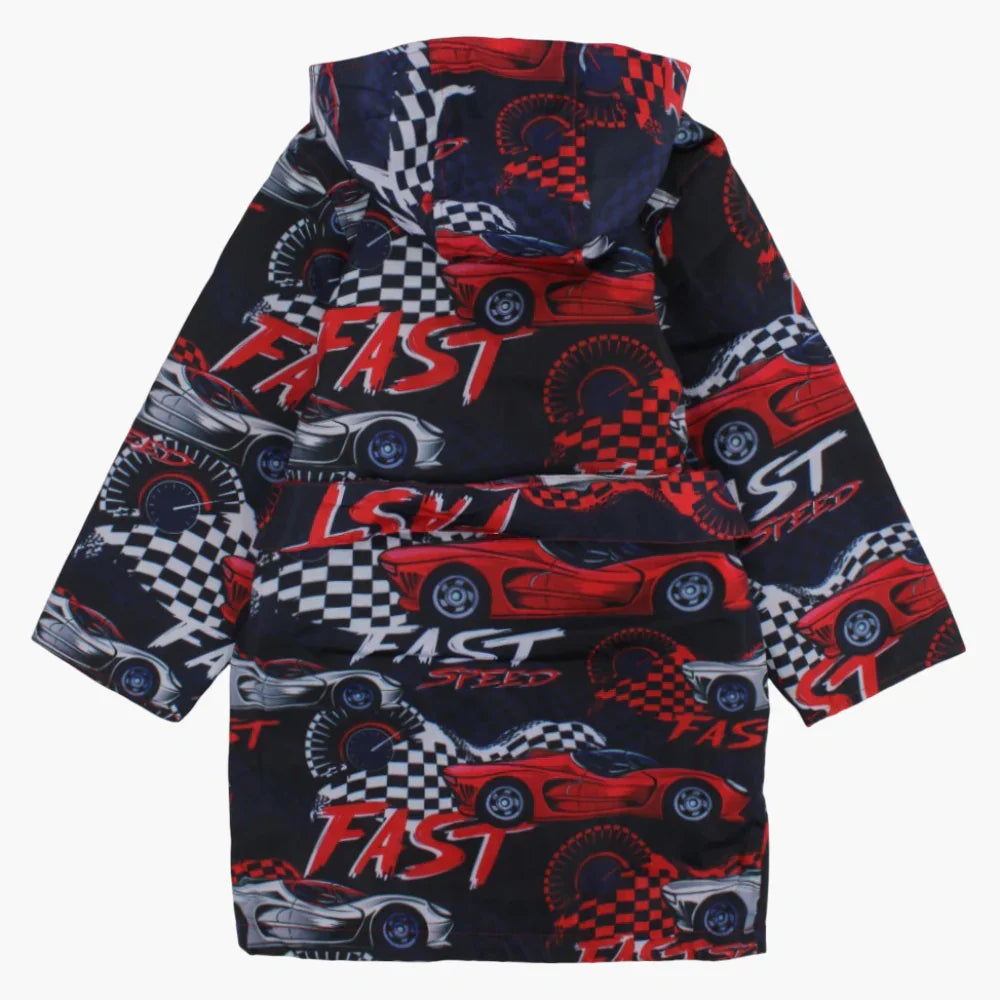 Boys Swim Robe – Black with Racing Cars Print