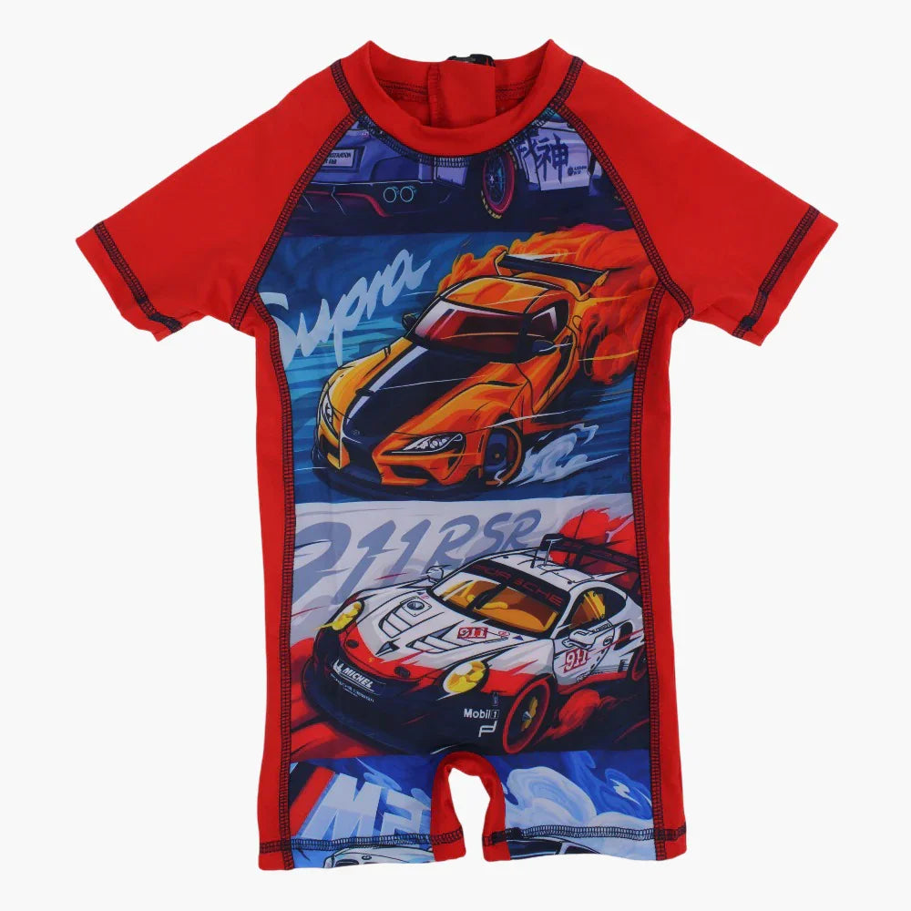 Boys Overall Swimsuit - Red with Super Cars Print - Clothing - I.Wear