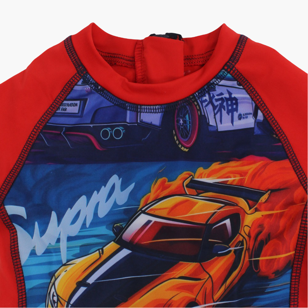 Boys Overall Swimsuit - Red with Super Cars Print