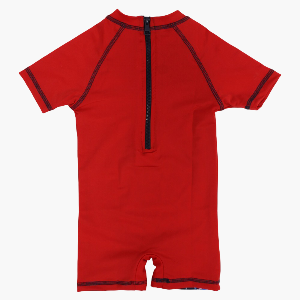 Boys Overall Swimsuit - Red with Super Cars Print