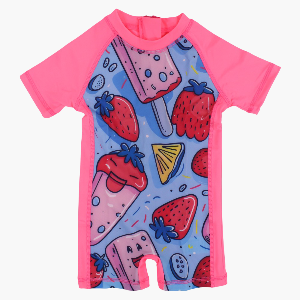 Girls Overall Swimsuit – Pink with Ice Cream Print