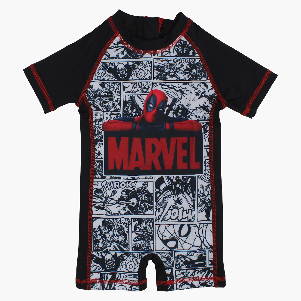 Boys Overall Swimsuit – Black with Marvel Print