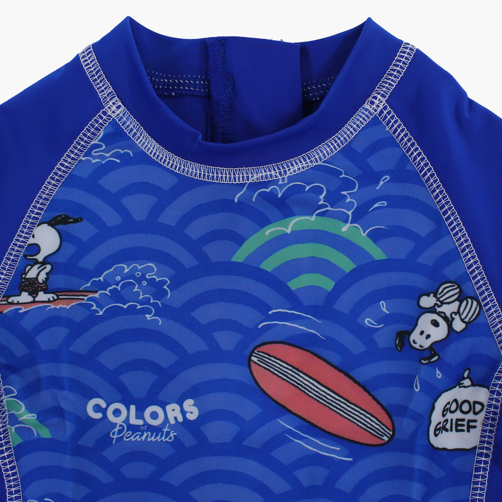 Boys Overall Swimsuit – Blue with Surfing Snoopy Print