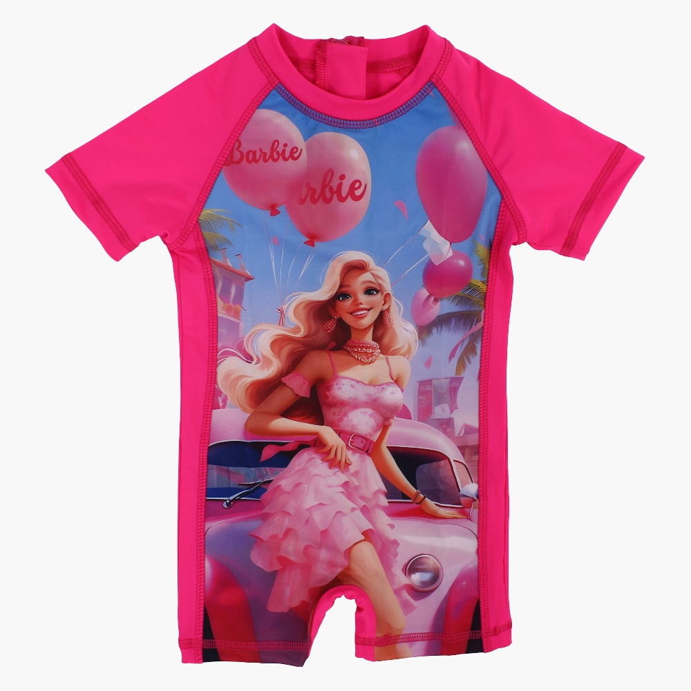 Girls Overall Swimsuit – Fuchsia with Barbie Print