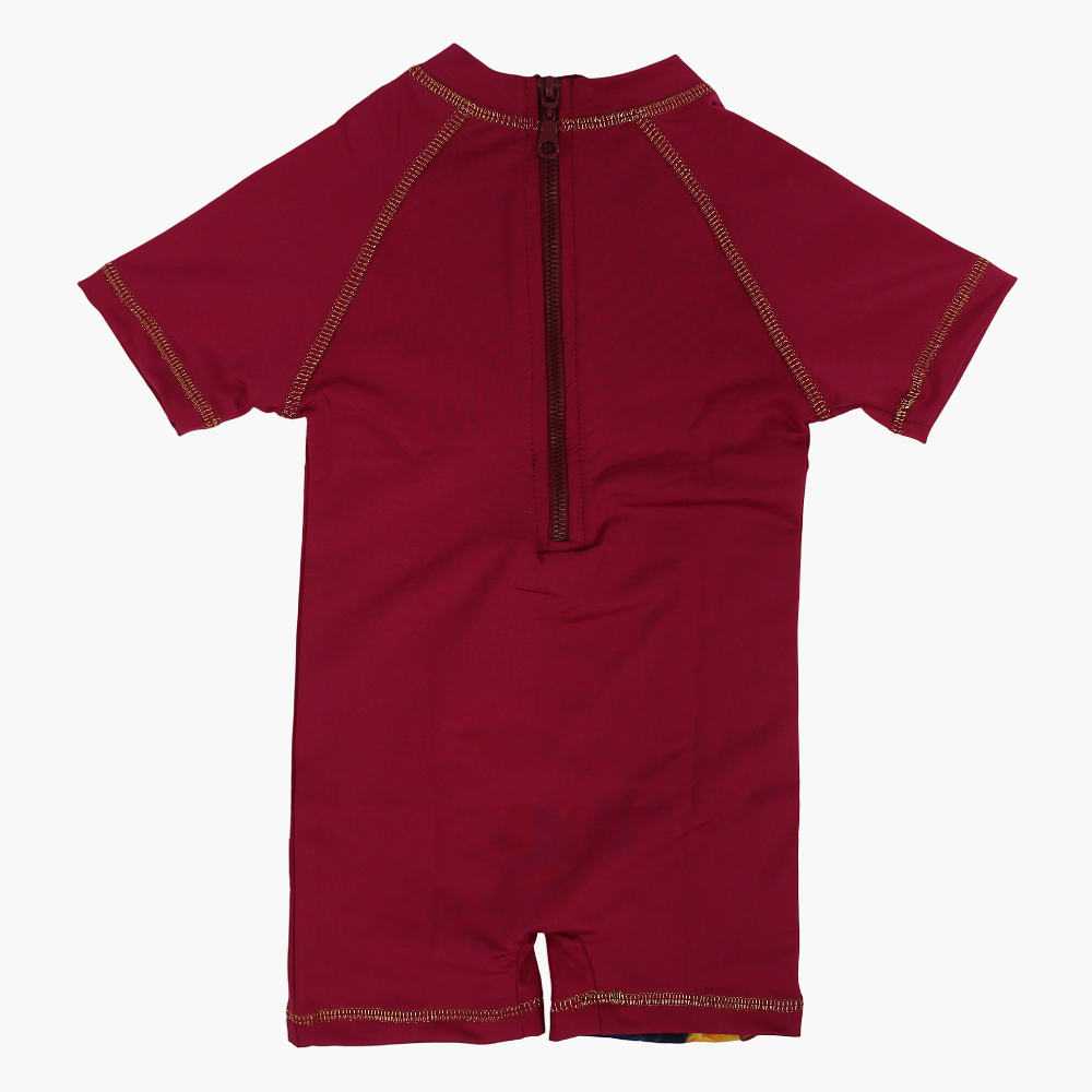 Girls Overall Swimsuit – Maroon with Fruit Print