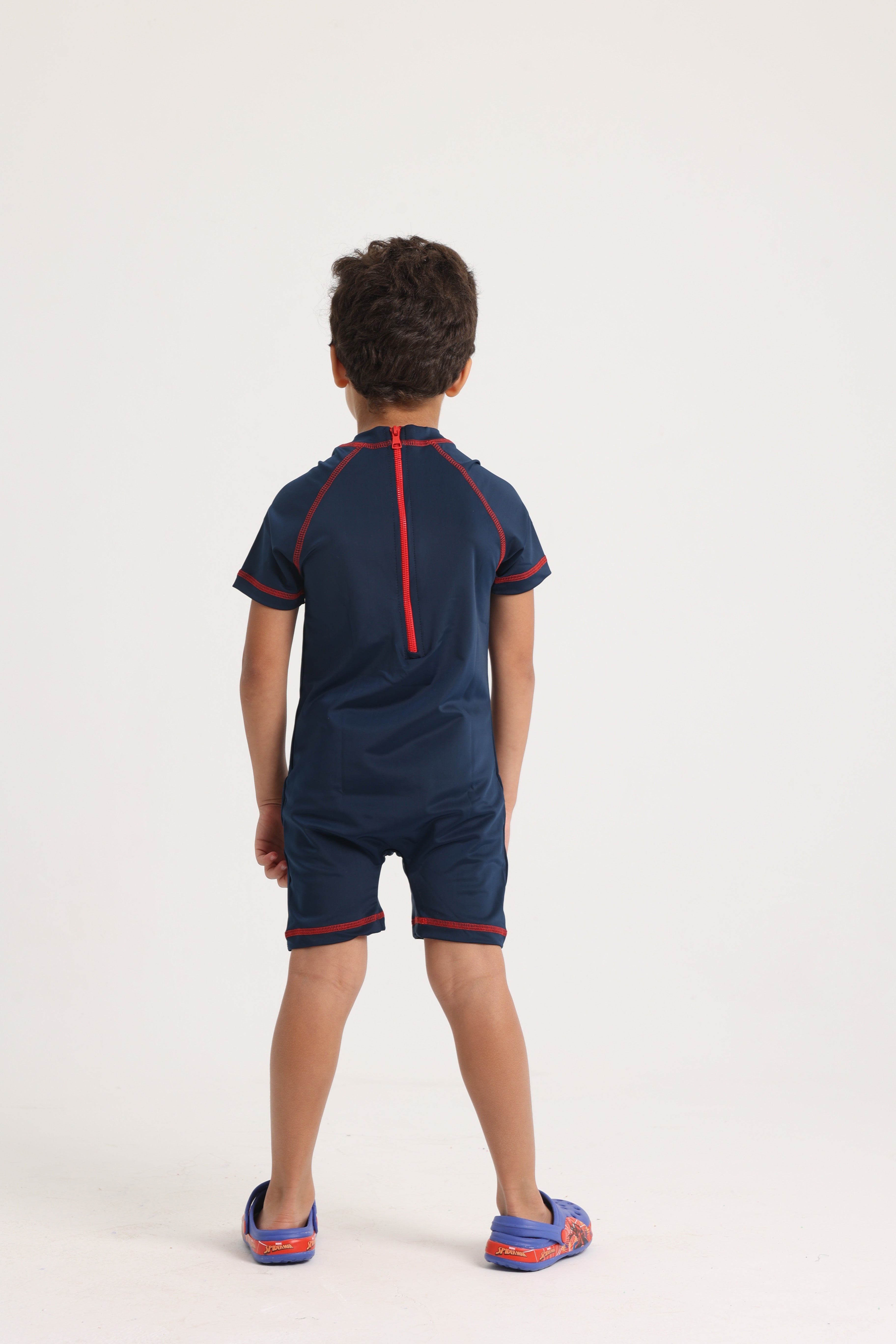 Boys Overall Swimsuit – Navy Blue with Spiderman Print