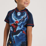 Boys Overall Swimsuit – Navy Blue with Spiderman Print