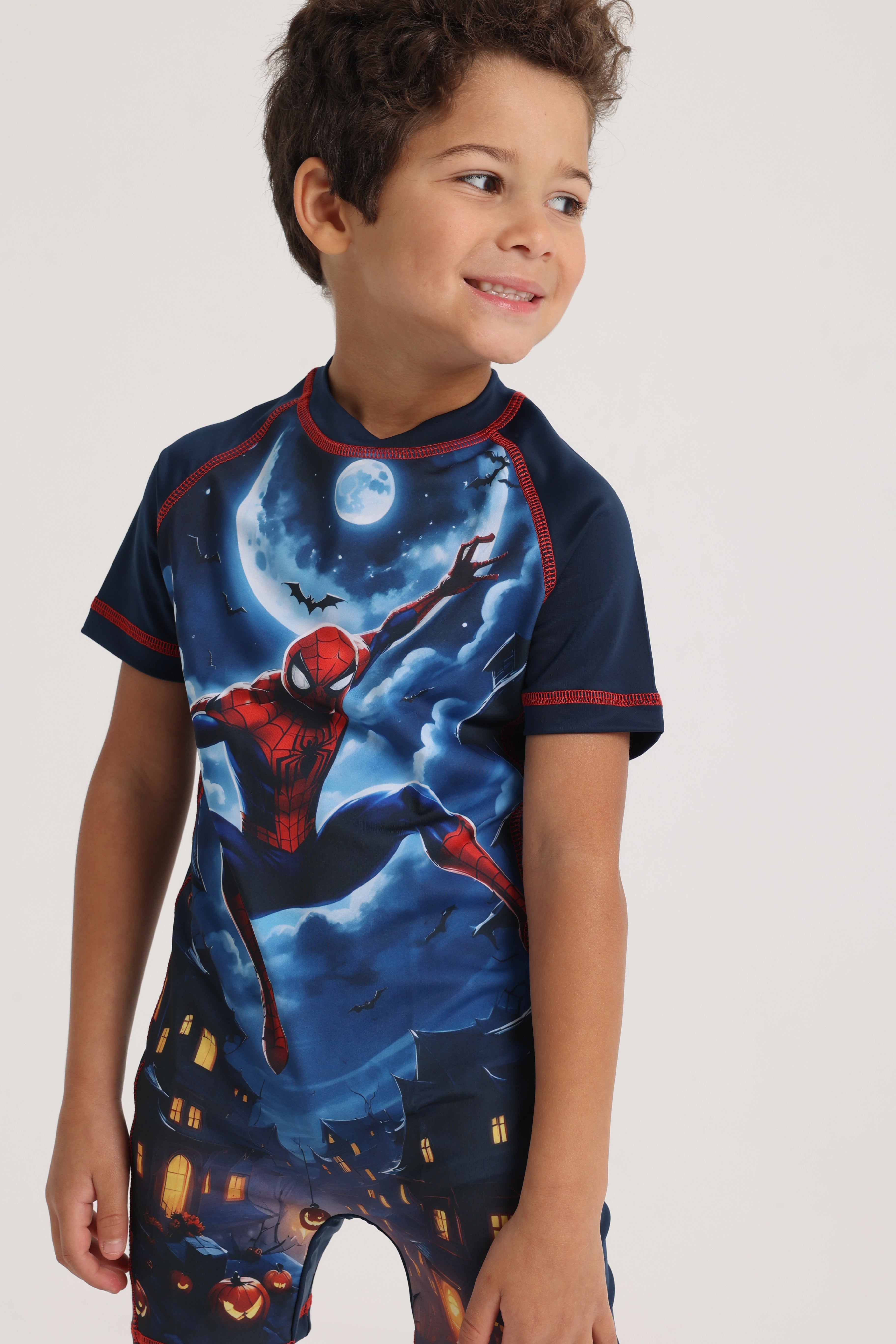 Boys Overall Swimsuit – Navy Blue with Spiderman Print