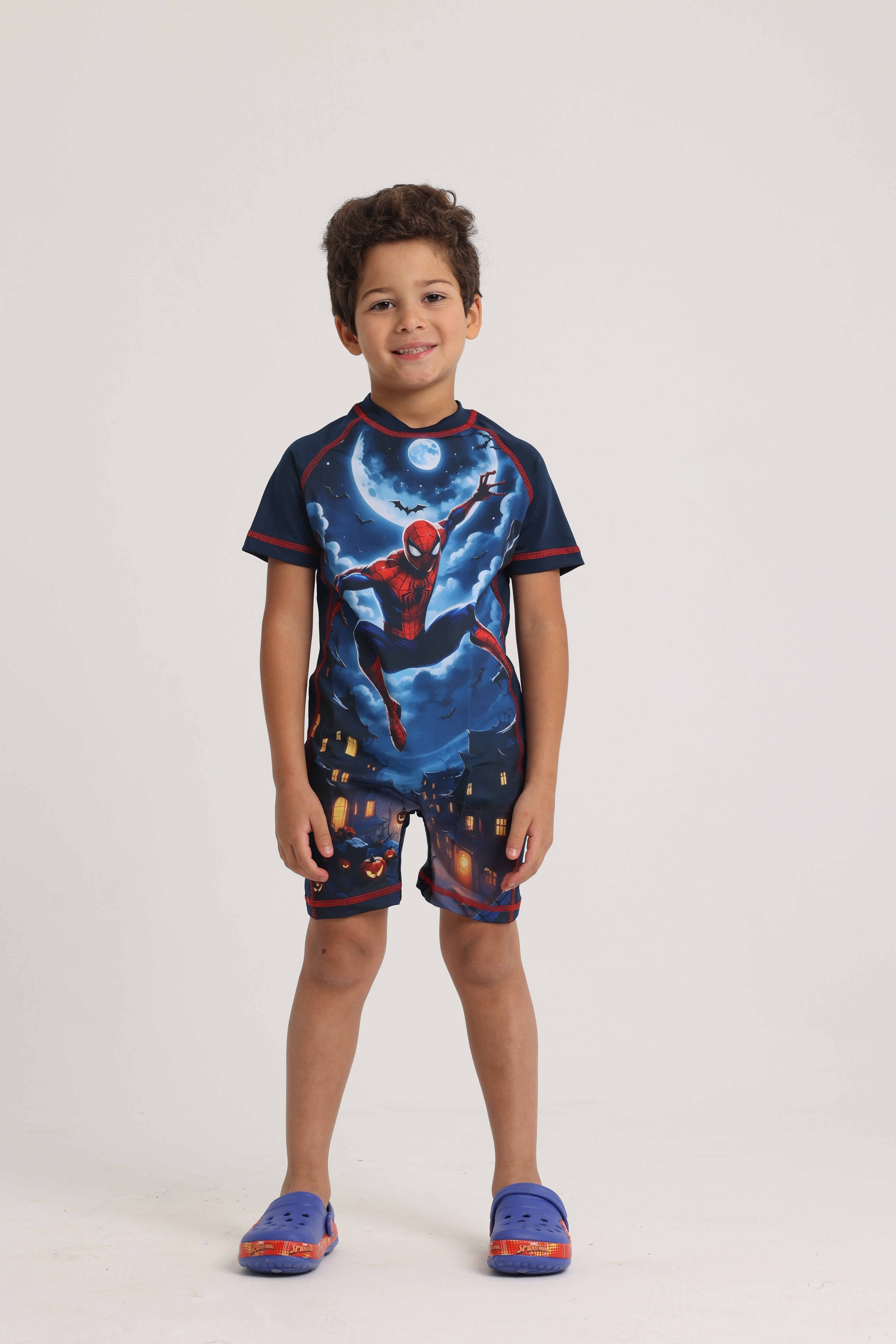 Boys Overall Swimsuit – Navy Blue with Spiderman Print