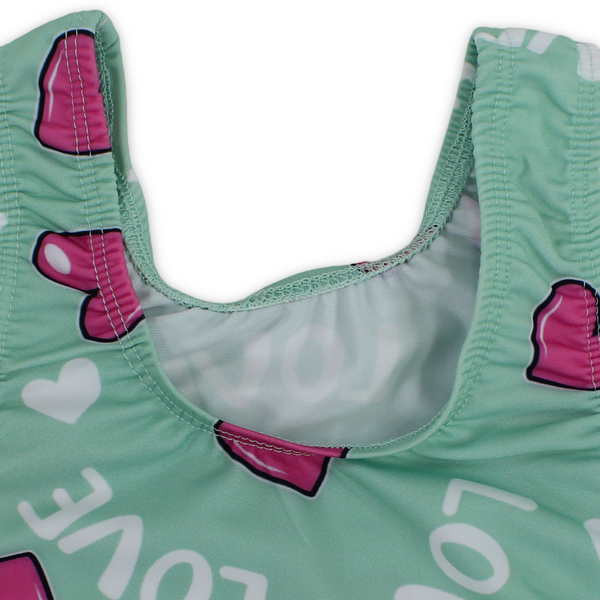 Girls One-Piece Swimsuit – Mint with "Love" Print