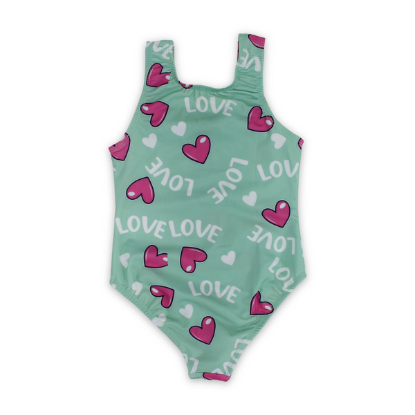 Girls One-Piece Swimsuit – Mint with "Love" Print