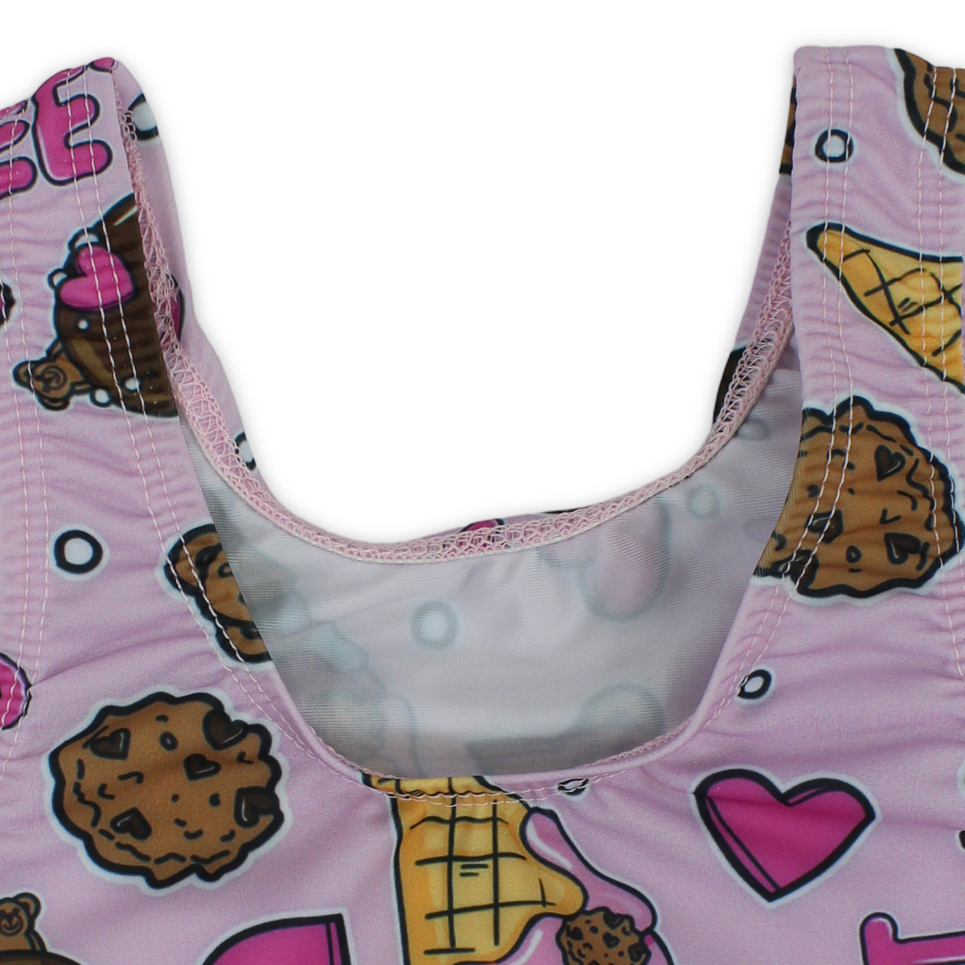 Girls One-Piece Swimsuit – Pink with "Sweet" Print