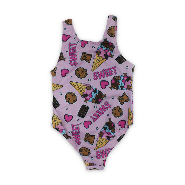 Girls One-Piece Swimsuit – Pink with "Sweet" Print
