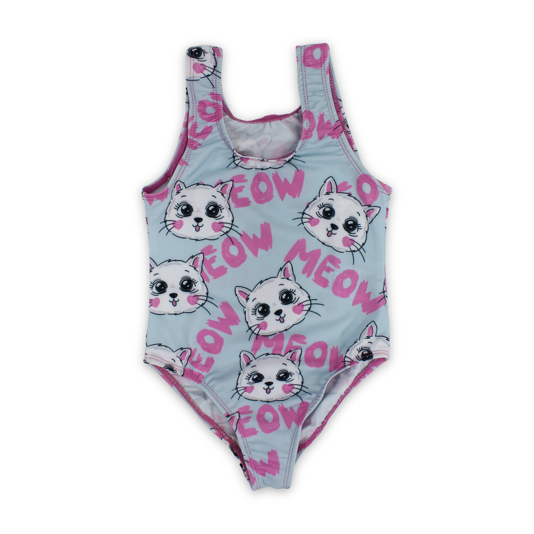 Girls One-Piece Swimsuit – Baby Blue with "Meow" Print - Clothing - I.Wear