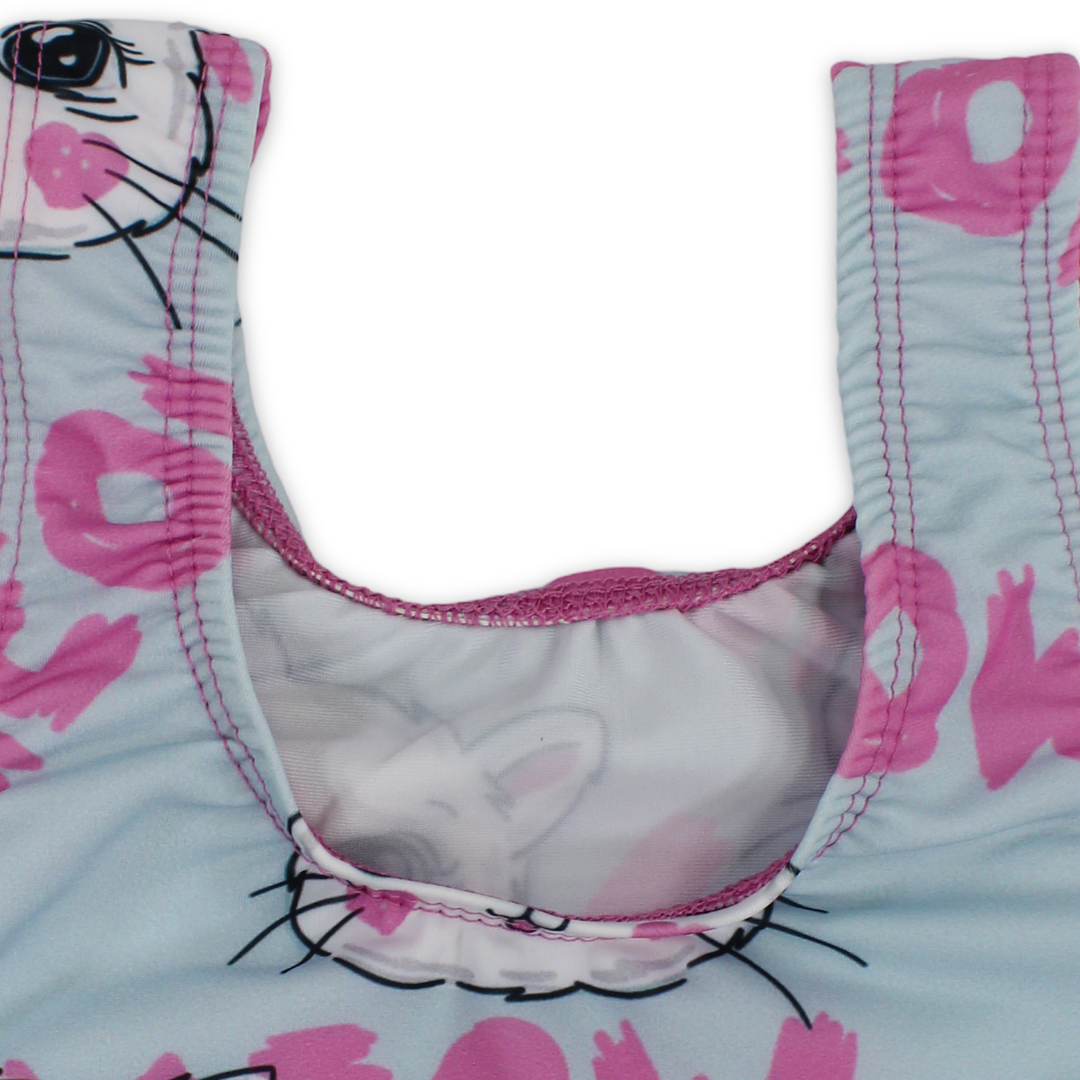 Girls One-Piece Swimsuit – Baby Blue with "Meow" Print