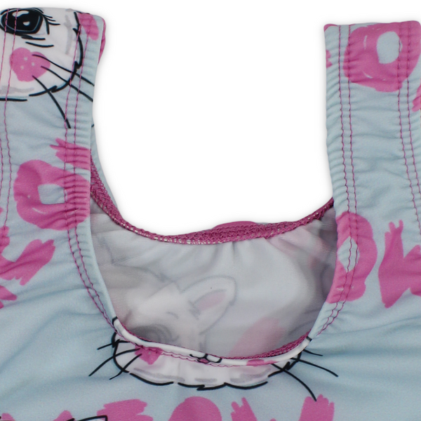 Girls One-Piece Swimsuit – Baby Blue with "Meow" Print