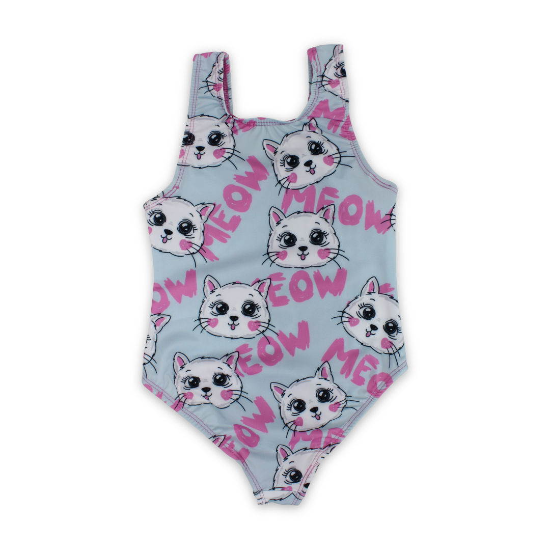Girls One-Piece Swimsuit – Baby Blue with "Meow" Print