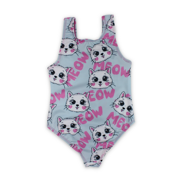 Girls One-Piece Swimsuit – Baby Blue with "Meow" Print