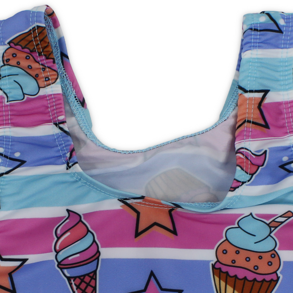 Girls One-Piece Swimsuit – Multicolor with Ice Cream & Stars Print