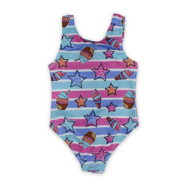 Girls One-Piece Swimsuit – Multicolor with Ice Cream & Stars Print