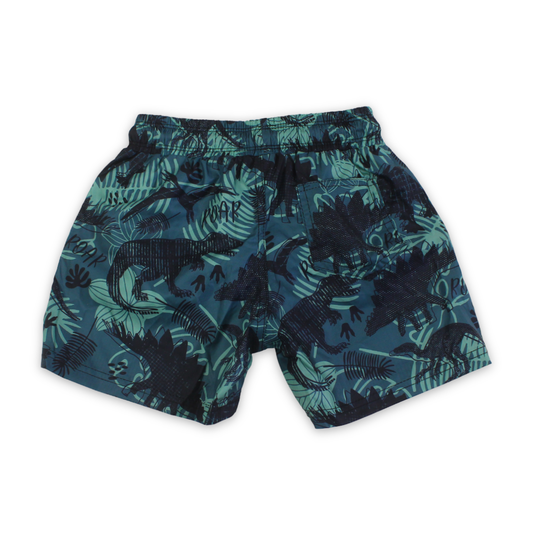 Boys Swim Trunks – Olive with Roar Dino Print