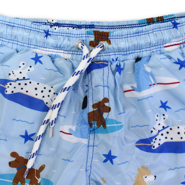 Boys Swim Trunks – Baby Blue with Dogs Print