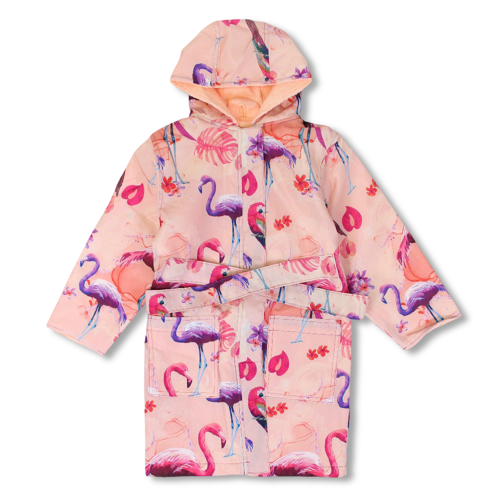 Girls Waterproof Swim Robe – Salmon with Flamingo Print