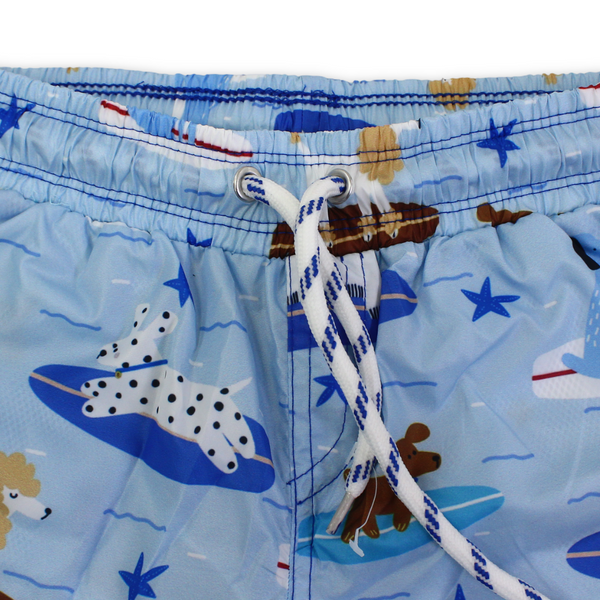 Boys Swim Trunks – Baby Blue with Dogs Print