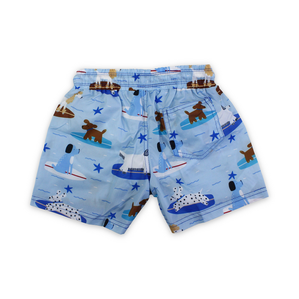 Boys Swim Trunks – Baby Blue with Dogs Print