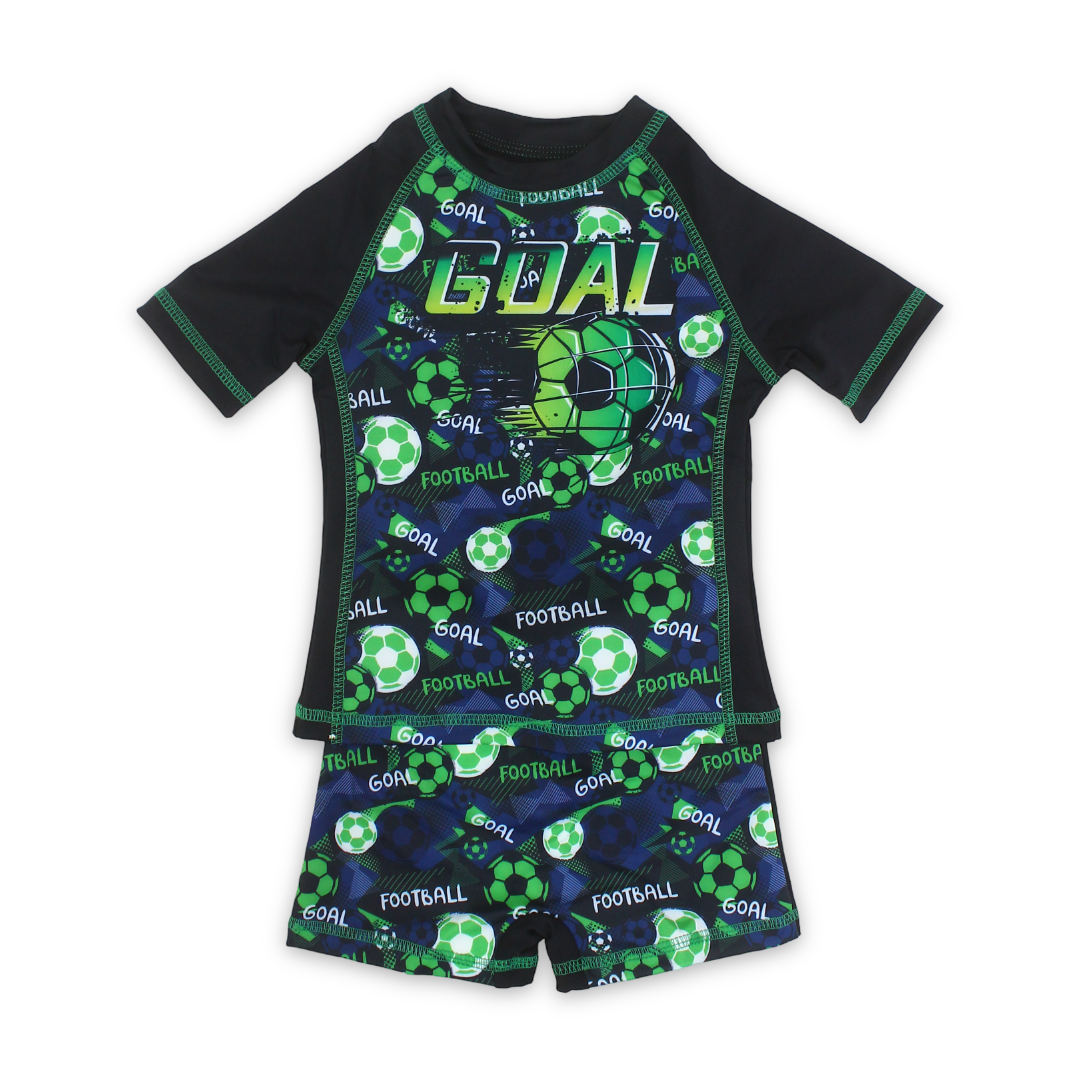 Boys Sunsuit One-Piece – Black with "Goal" Print - Clothing - I.Wear