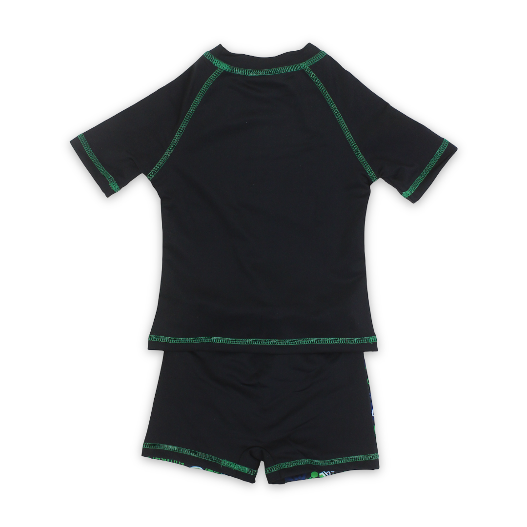 Boys Sunsuit One-Piece – Black with "Goal" Print