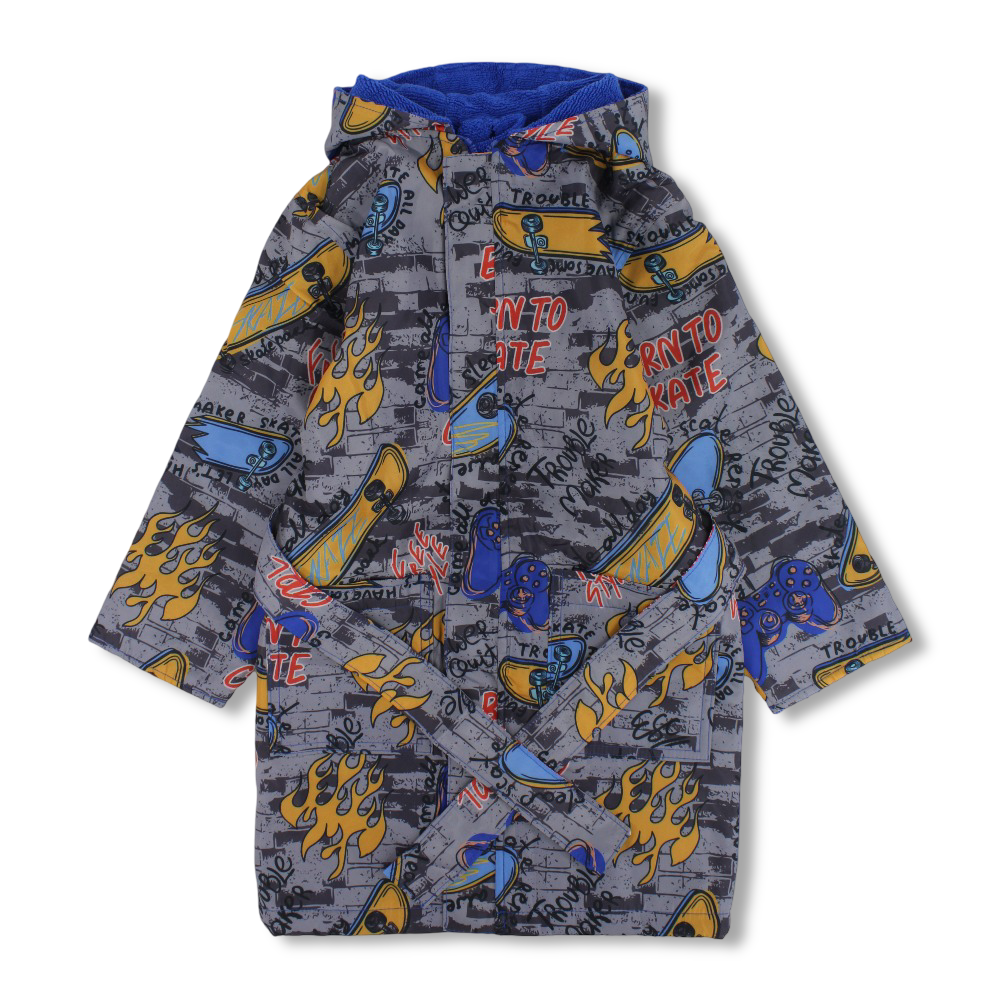 Boys Waterproof Swim Robe – Grey with Born to Skate Print - Clothing - I.Wear