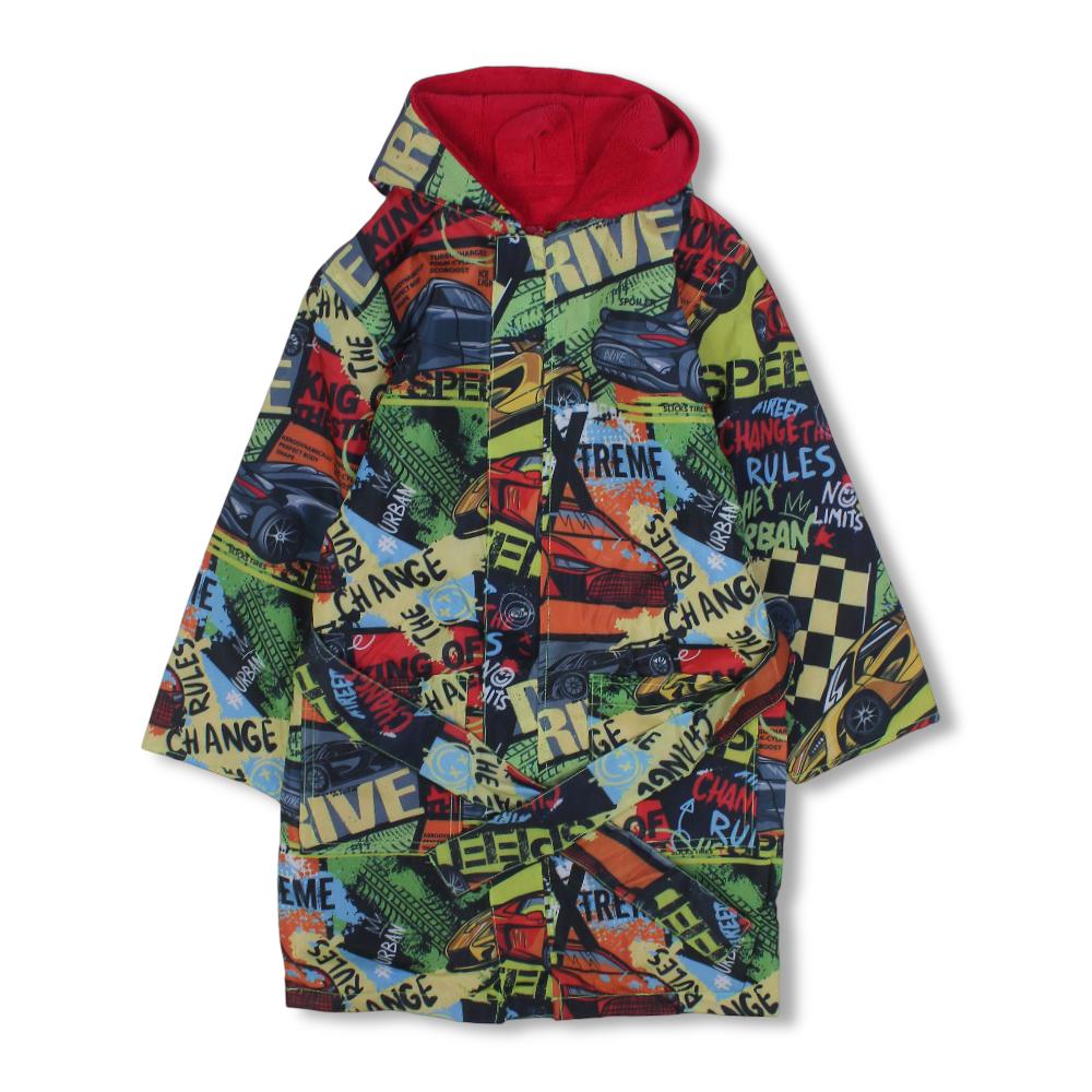 Boys Waterproof Swim Robe – Multicolor with Speed Cars Print