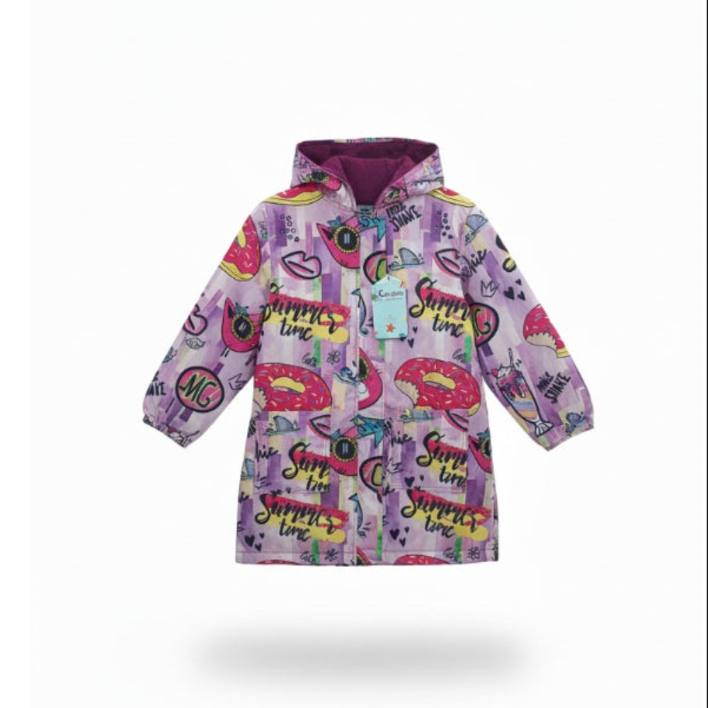 Girls Waterproof Swim Robe – Purple with Summer Time-Themed Print