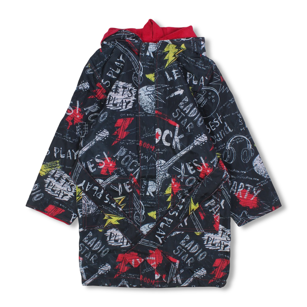 Boys Waterproof Swim Robe – Black with Music-Themed Print