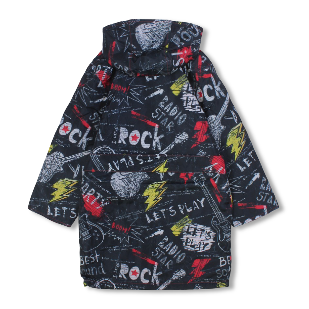 Boys Waterproof Swim Robe – Black with Music-Themed Print