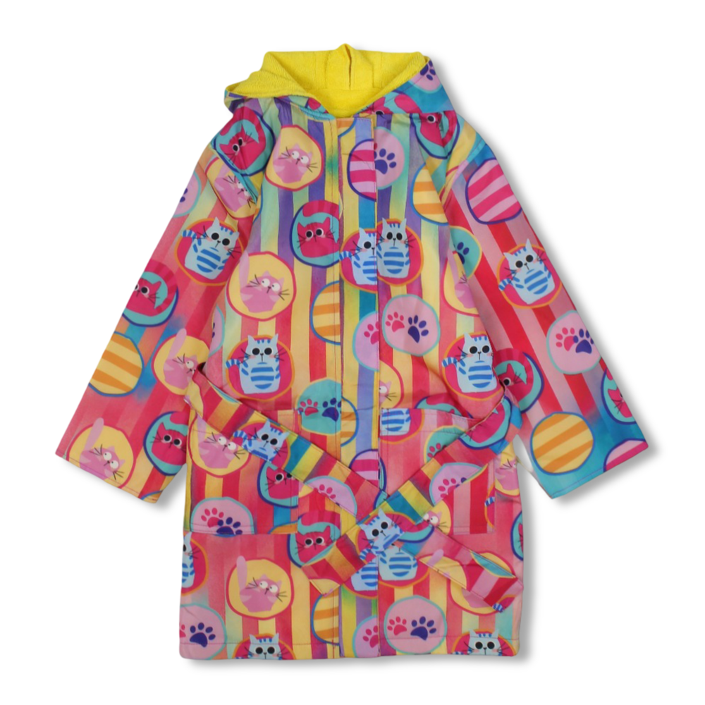 Girls Waterproof Swim Robe – Multicolor with Cats Print