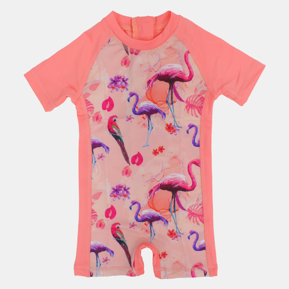 Girls Swimsuit Overall – Salmon Flamingo