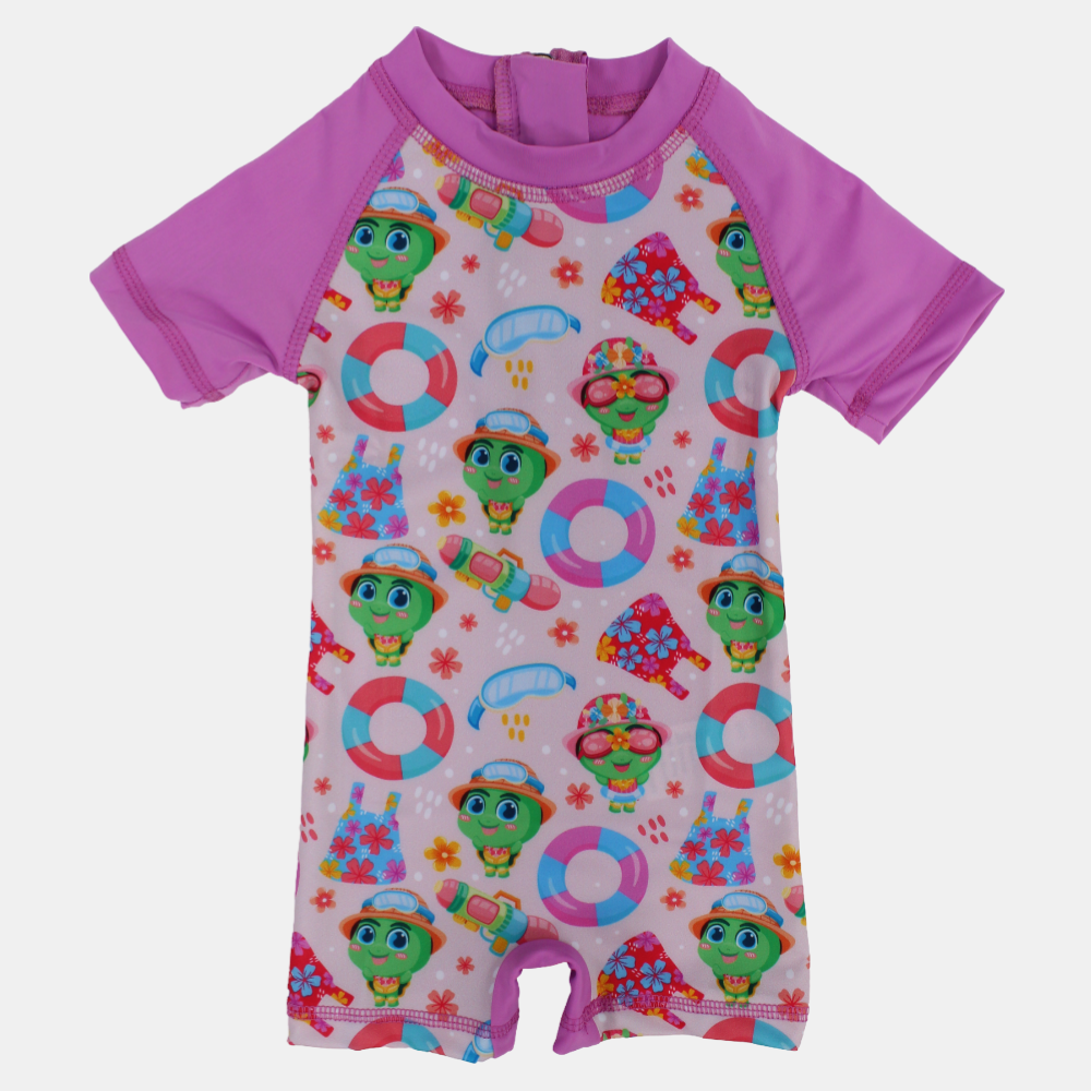 Girls Swimsuit Overall – Dusty Pink Beach Toys Print
